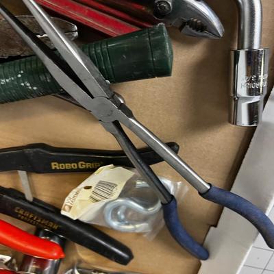 Tray of Tools: Needle Nose Plyers, Hammer, Pipe Wrench