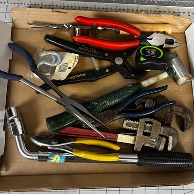 Tray of Tools: Needle Nose Plyers, Hammer, Pipe Wrench
