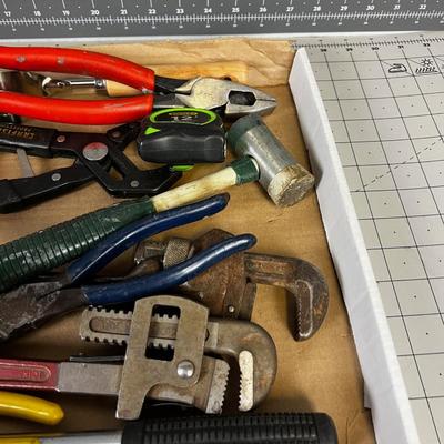 Tray of Tools: Needle Nose Plyers, Hammer, Pipe Wrench
