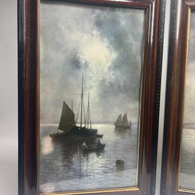 Pair of Retro Framed JW Gozzard Boats at Anchor in Moonlight Nautical Art Prints