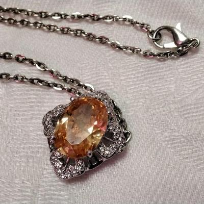 Vintage Citrine and White Sapphire 925 18" Necklace