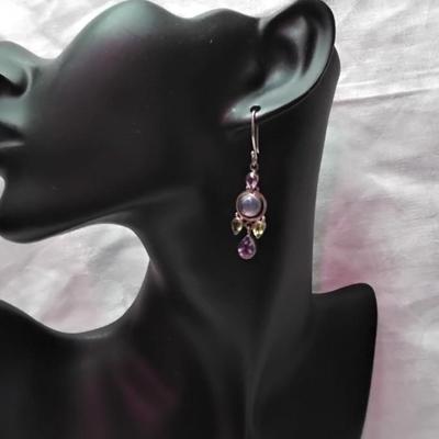 Vintage Moonstone, Peridot and Amethyst 925 Earrings