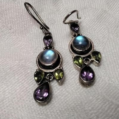 Vintage Moonstone, Peridot and Amethyst 925 Earrings