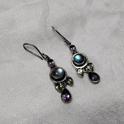 Vintage Moonstone, Peridot and Amethyst 925 Earrings