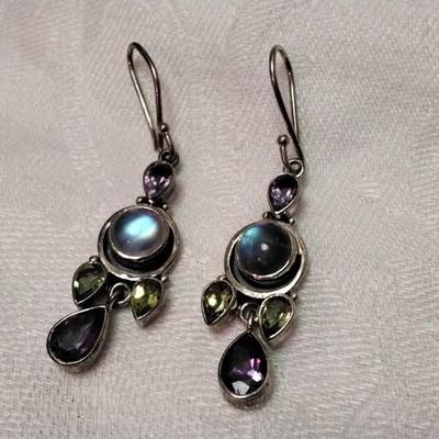 Vintage Moonstone, Peridot and Amethyst 925 Earrings