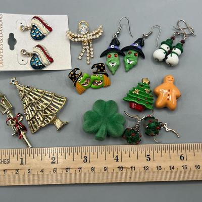 Lot of Costume Jewelry Halloween Witch, Snowman Holiday, St. Patricks Day Earrings & More