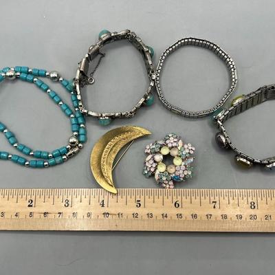 Lot of Womens Fashion Jewelry Rock Jewel Bracelet, Crescent Moon Lapel Pin, & More