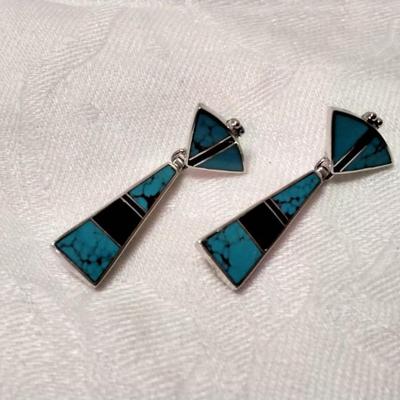 Gorgeous Turquoise and Onyx Signed Navajo Indian 925 Earrings
