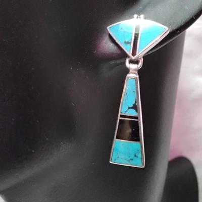 Gorgeous Turquoise and Onyx Signed Navajo Indian 925 Earrings