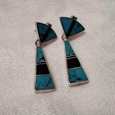 Gorgeous Turquoise and Onyx Signed Navajo Indian 925 Earrings