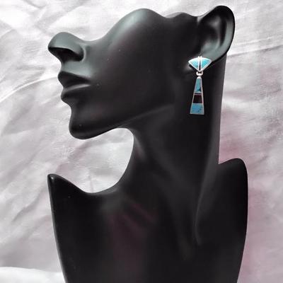 Gorgeous Turquoise and Onyx Signed Navajo Indian 925 Earrings