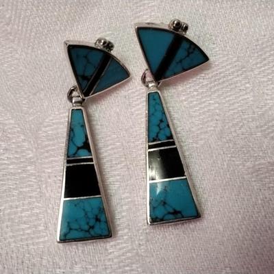 Gorgeous Turquoise and Onyx Signed Navajo Indian 925 Earrings