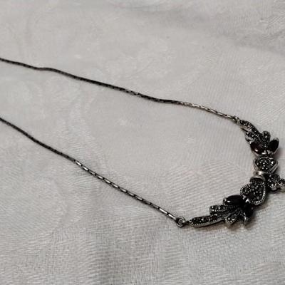 Breathtaking Antique Garnet and Marcasite Necklace Liquid 925 16" Necklace