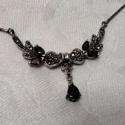 Breathtaking Antique Garnet and Marcasite Necklace Liquid 925 16" Necklace