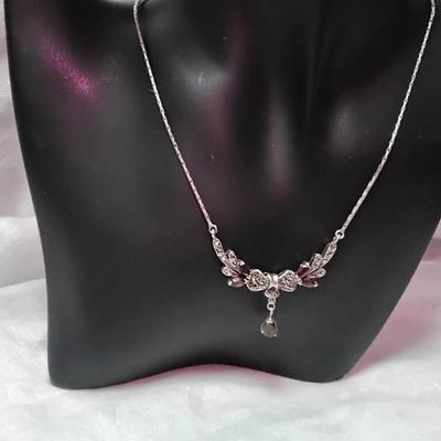 Breathtaking Antique Garnet and Marcasite Necklace Liquid 925 16" Necklace