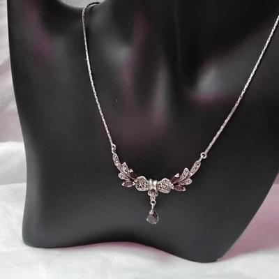 Breathtaking Antique Garnet and Marcasite Necklace Liquid 925 16" Necklace