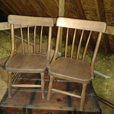 Pair of Antique Solid Wood Curved Spindle Back Chairs