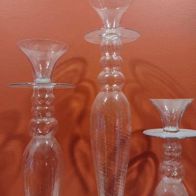 Set of Three Crystal Candle Holders Swirl Design with Wax Dish