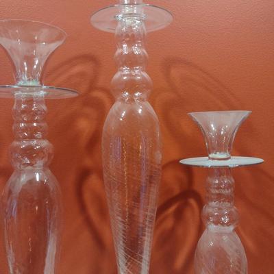 Set of Three Crystal Candle Holders Swirl Design with Wax Dish