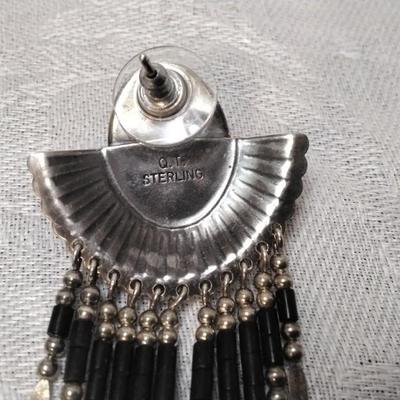 Vintage Navajo Silversmith Q.T. Black Onyx Concho 925 Earrings