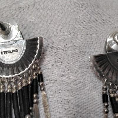 Vintage Navajo Silversmith Q.T. Black Onyx Concho 925 Earrings