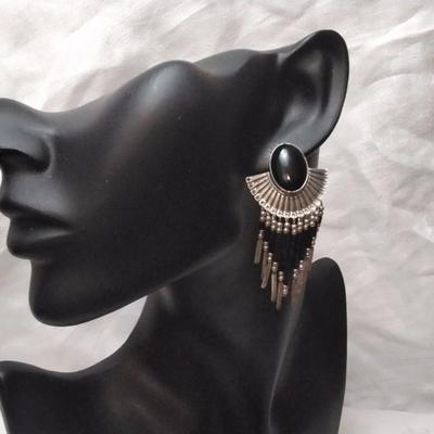 Vintage Navajo Silversmith Q.T. Black Onyx Concho 925 Earrings