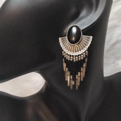 Vintage Navajo Silversmith Q.T. Black Onyx Concho 925 Earrings