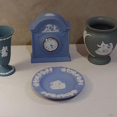 Assortment of Wedgewood jasperware Items includes Clock, Small Vases, and Plate
