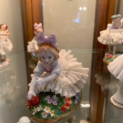 Antique German Porcelain Sitzendorf Dresden Lace and Flowers Girl in Field 4 inches tall Lot 2