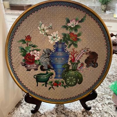 Heavy cloisonne display plate with wooden stand. 15â€