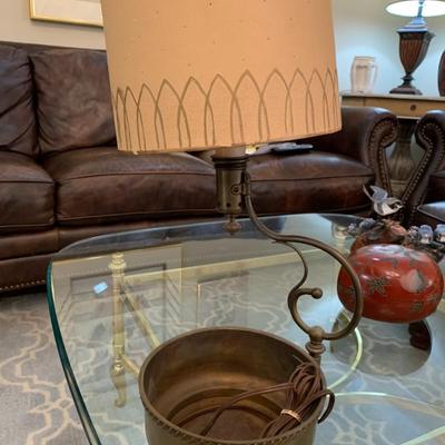 Antique Brass Bowl Lamp with Shade. 24 inches tall