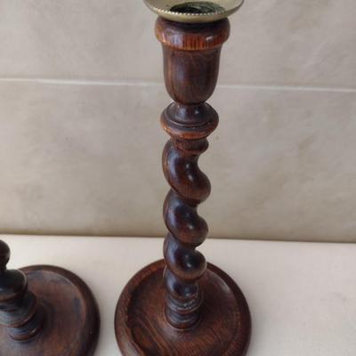 Pair of Wood Hand Turned Twist Post Candlestick Holders