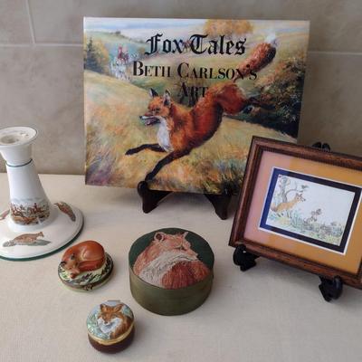Collection of Fox Themed Collector Items including Limoges Trinket Boxes, Spode Candle Holder, and Other