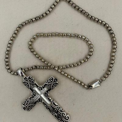 Steeling silver bead necklace with cross pendant