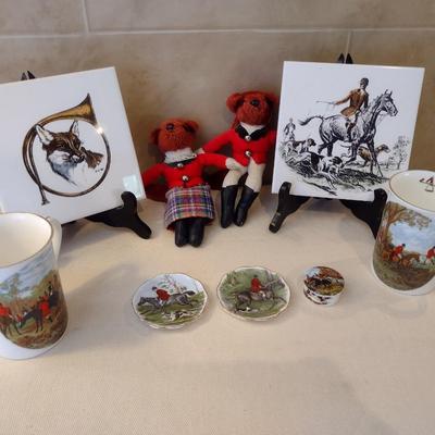 Collection of Hunter Themed Items includes Painted Tiles, Crown Victorian Mugs, and Fine China Plates