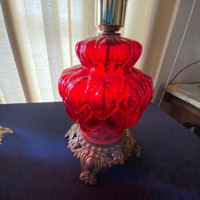 Vintage Pair of Red Glass Gone With The Wind Style Lamps