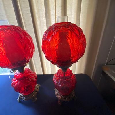 Vintage Pair of Red Glass Gone With The Wind Style Lamps