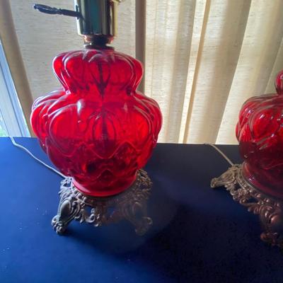 Vintage Pair of Red Glass Gone With The Wind Style Lamps