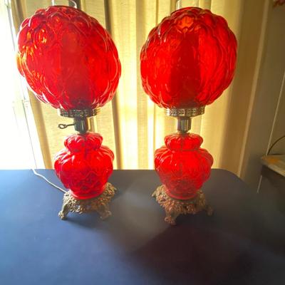 Vintage Pair of Red Glass Gone With The Wind Style Lamps