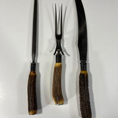 LOT 57: Vintage Goodnow Horn / Antler Handle Carving Knife Set with Sterling Silver Trim