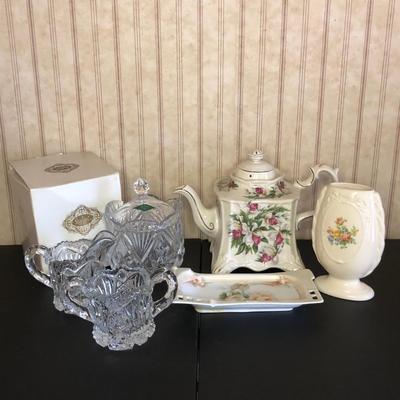 LOT 5M: Crown Dorset Floral Teapot, Shannon Crystal 'Scalloped Pineapple' Covered Candy Dish & More