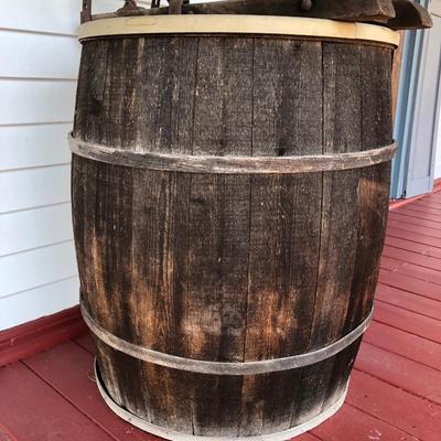 LOT 12M: Wooden Barrel Planter w/ Vintage Tool