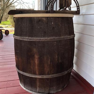 LOT 12M: Wooden Barrel Planter w/ Vintage Tool