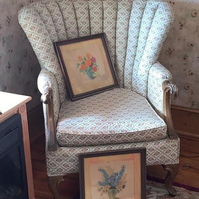 LOT 28R: Antique Armchair & Vintage Framed  Floral Prints