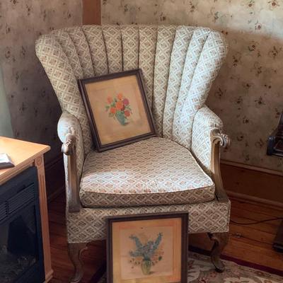 LOT 28R: Antique Armchair & Vintage Framed  Floral Prints