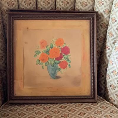 LOT 28R: Antique Armchair & Vintage Framed  Floral Prints