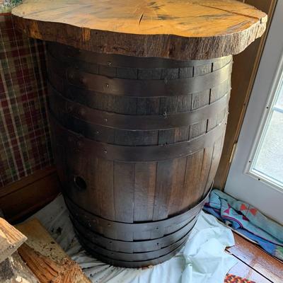 LOT 30R: Vintage Wooden Barrel w/Wooden Tree Slab Top