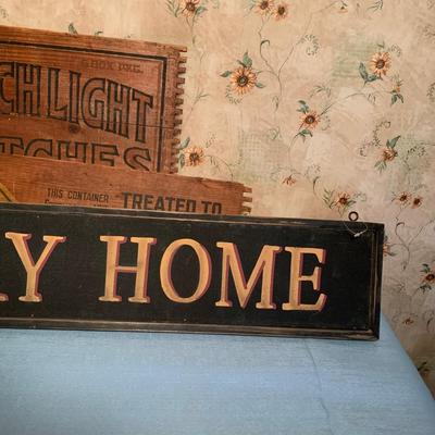 LOT 44R: Vintage Crate Ends/Signs, Cross Stitch, Merchantville Framed Card & Primitive Home Decor