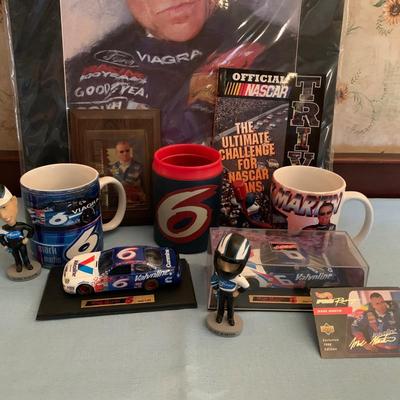 LOT 46R: Nascar Collectibles: Mugs, Mini Bobble Heads, Mark Martin Framed Card, Nascar Trivia Book & More