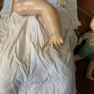 LOT:55G: Effanbee Lovums Antique Composite  Doll w/Cloths Vintage Crib & Smaller Doll